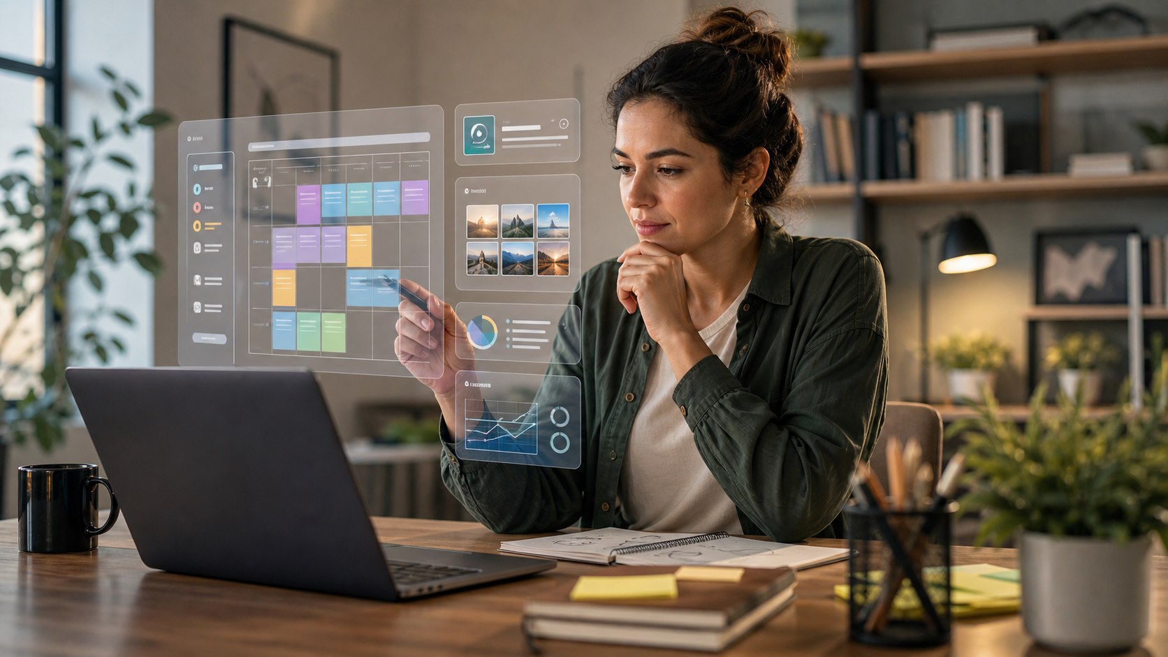 Community manager trabajando con inteligencia artificial para crear una estrategia de contenidos