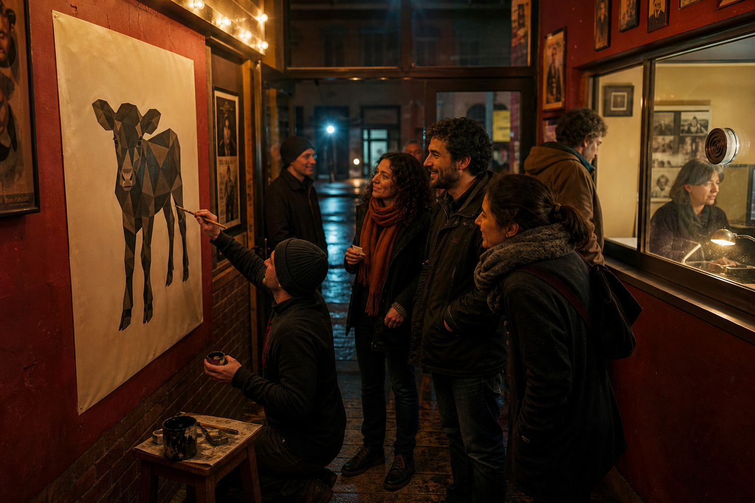 Un cine de barrio recibe espectadores curiosos mientras se pinta un afiche artesanal de un ternero