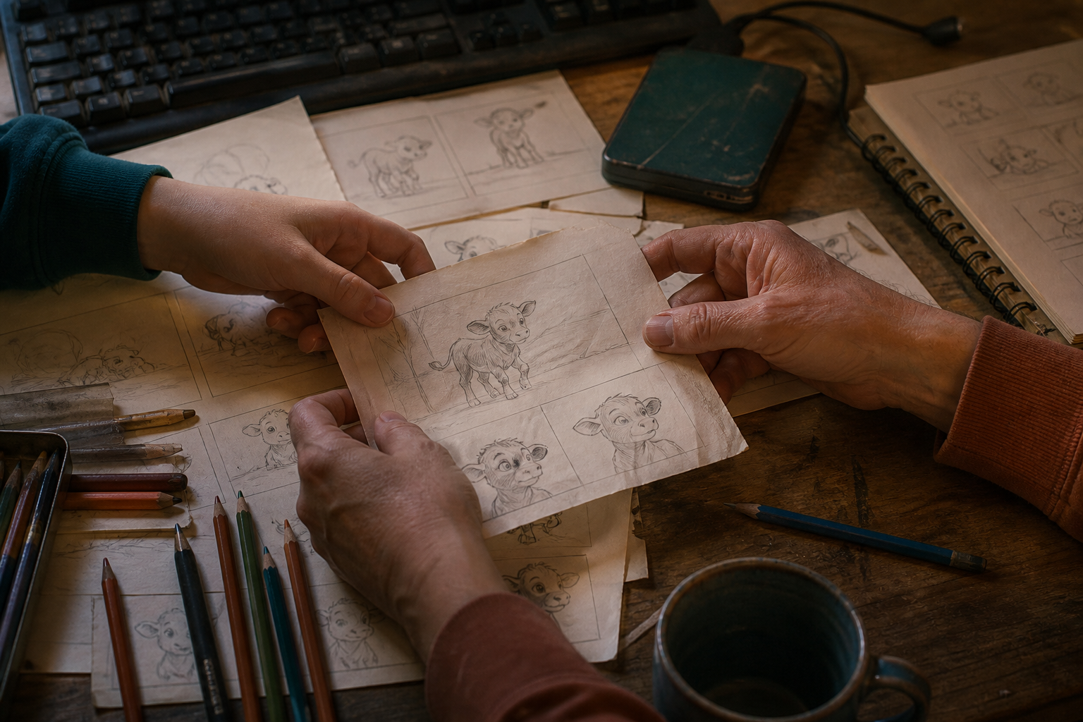 Dos pares de manos revisan bocetos de un ternero para una película animada independiente