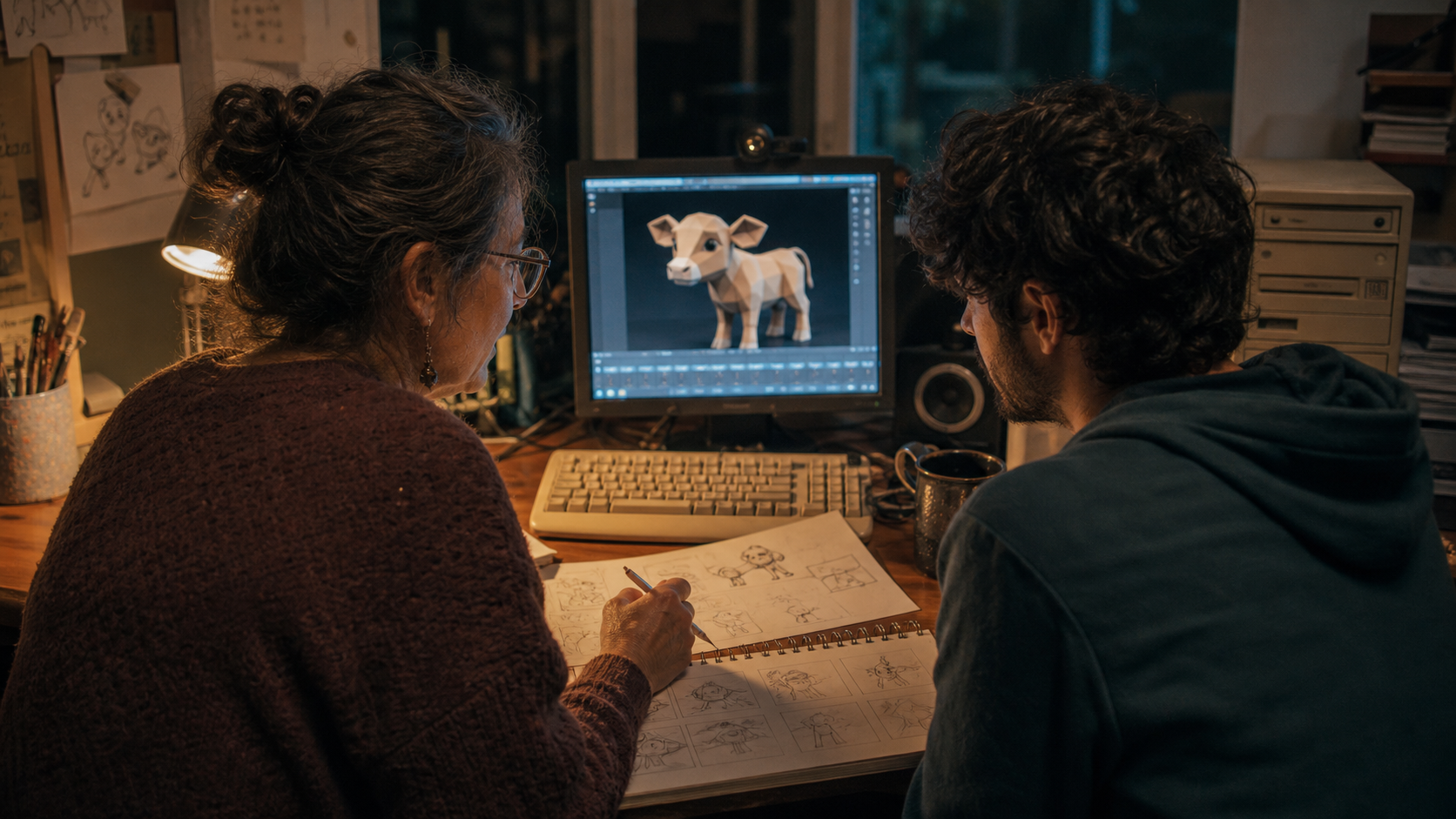 Una madre y su hijo trabajan de noche en una animación artesanal frente a una computadora usada