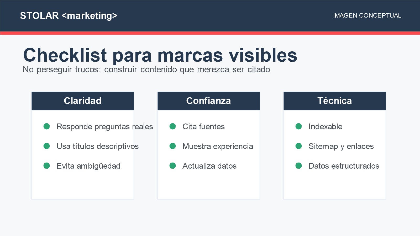 Checklist de claridad, confianza y técnica para que una marca mejore su visibilidad en buscadores con IA